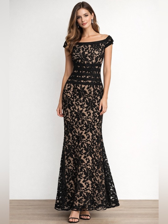 Tadashi Shoji Dresses & Skirts - Tadashi Shoji Black and Nude Lace Off-Shoulder Formal Gown - Size 2